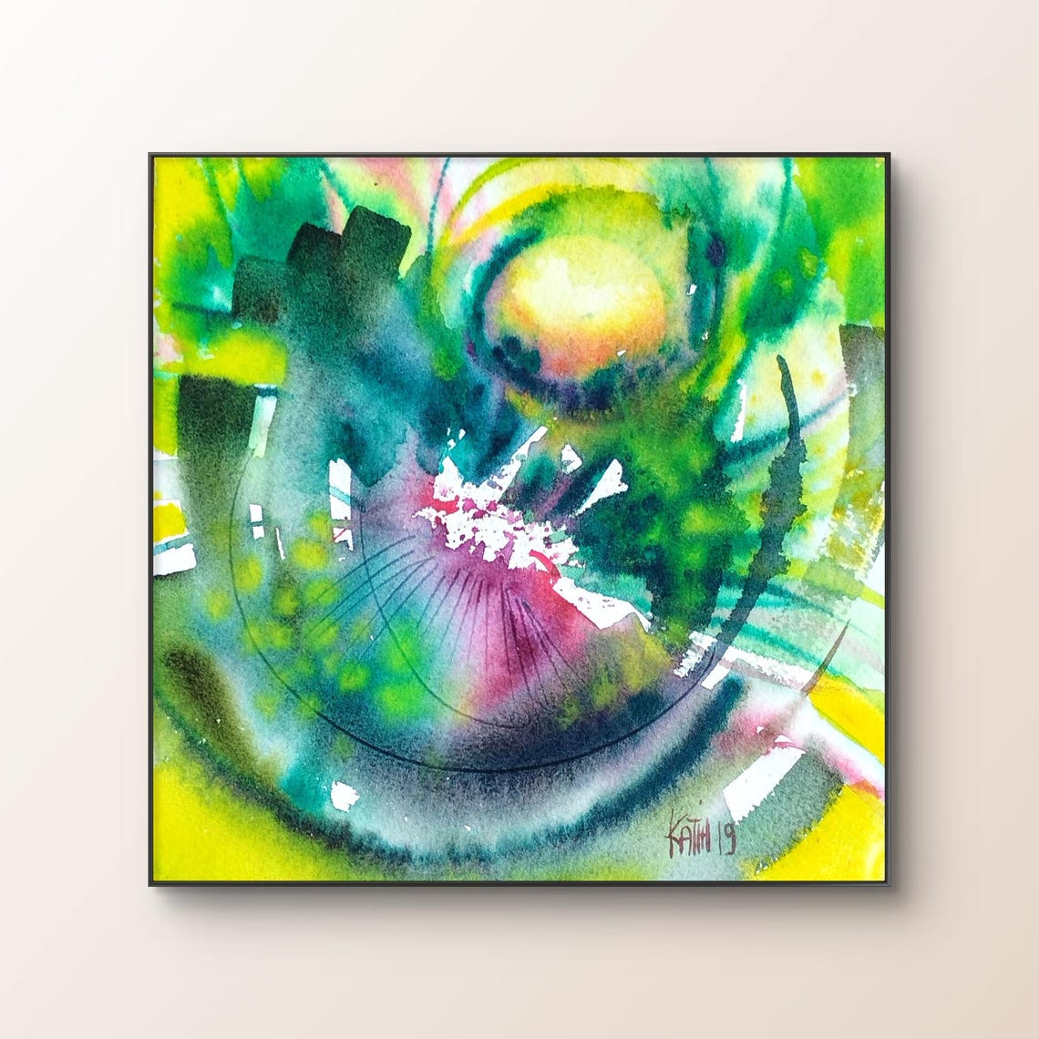 Green and Yellow Abstract Watercolor with a Magenta Bloom Poster