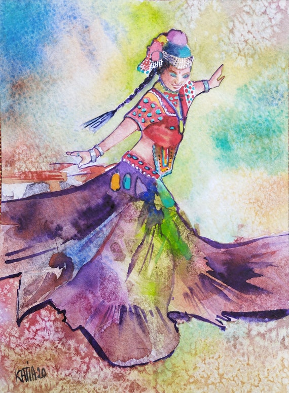 Painting Of Indian Woman Dancing Swirling Woman From South India Original Watercolor Handmade Wall Art Classical Dance Handmade