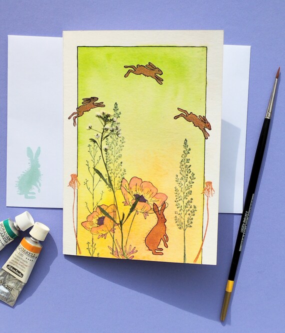 Hares Leaping Among Orange Poppies Watercolor Meadow Wildlife Art Poster