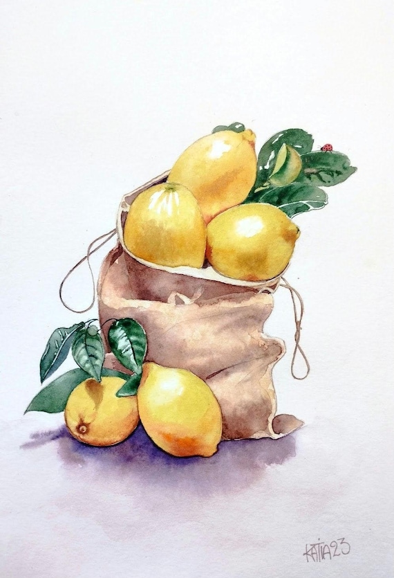 Lemon Still Life Watercolor, Kitchen Wall Art