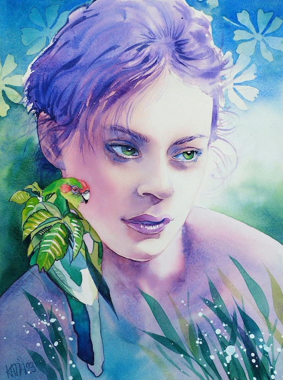 Woman With Green Eyes and Parakeet on Shoulder Tropical Watercolor Art Poster