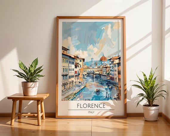 Florence Italy Wall Art Print Italian Travel Poster Ponte Vecchio River Scene Vintage Illustration Europe Decor