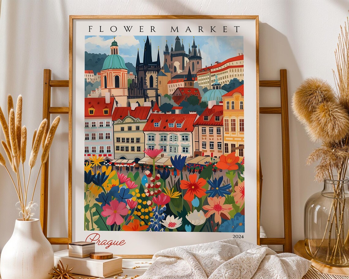Prague Flower Market 2024 Old Town Castle Colorful Travel Poster