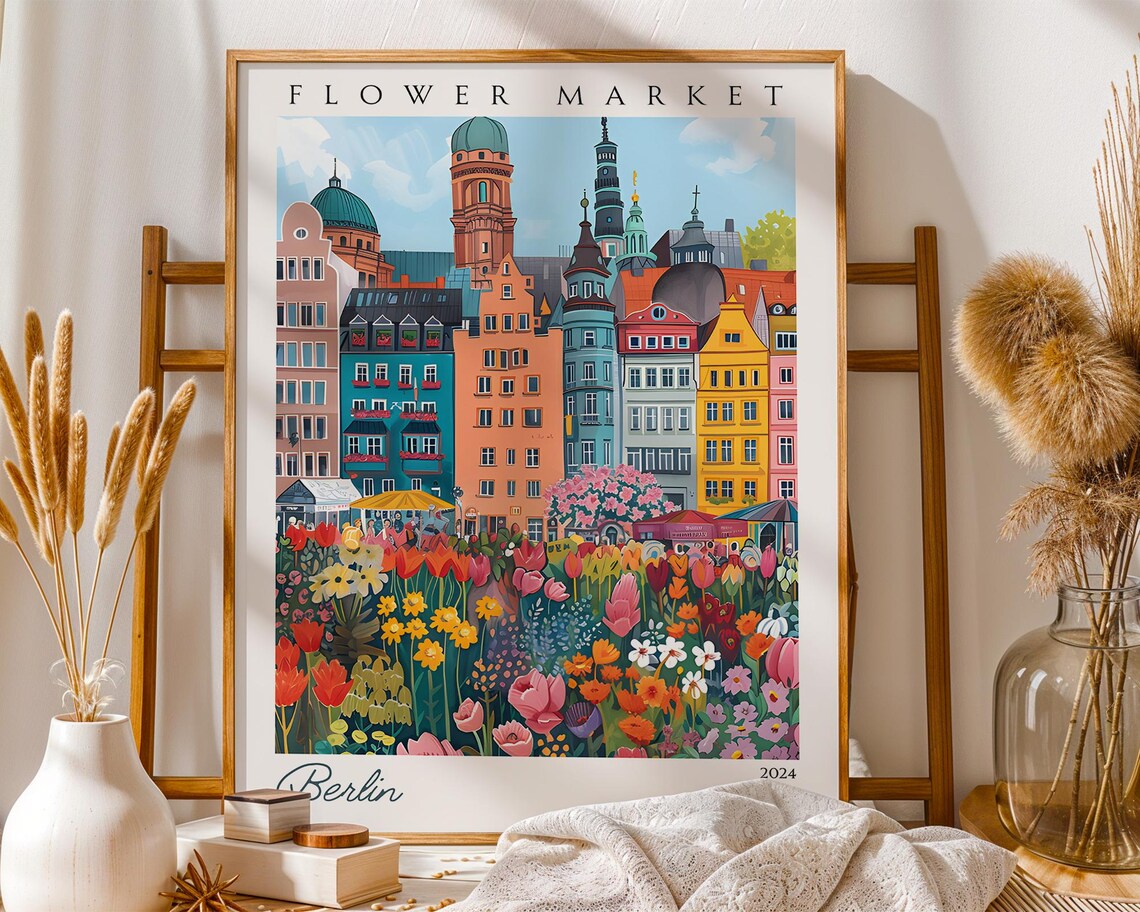 Berlin Flower Market Tulip Gardens Church Spires 2024 Travel Poster