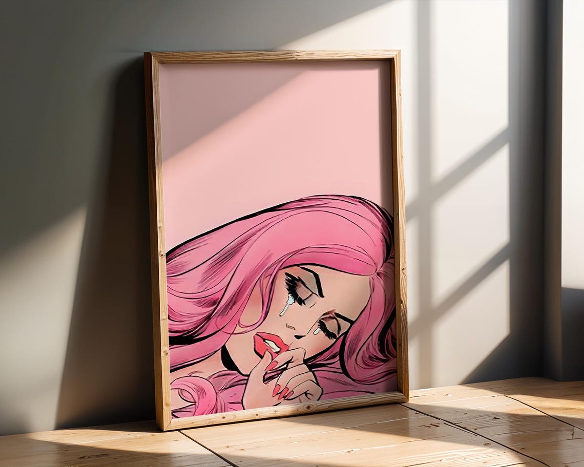 Pink Pop Art Crying Girl Comic Style Sad Portrait Wall Poster