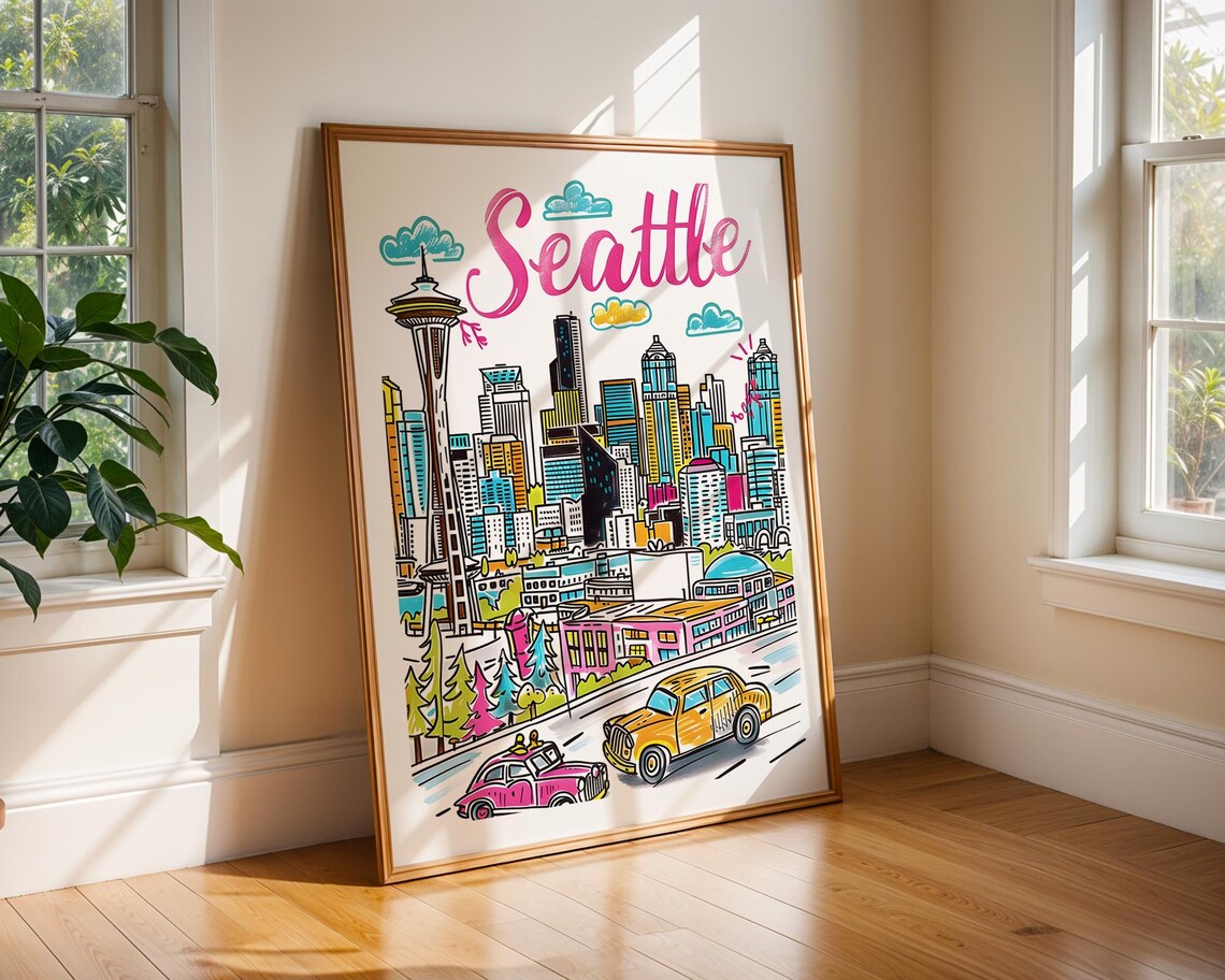 Seattle Space Needle Downtown Skyline Colorful Cartoon City Poster