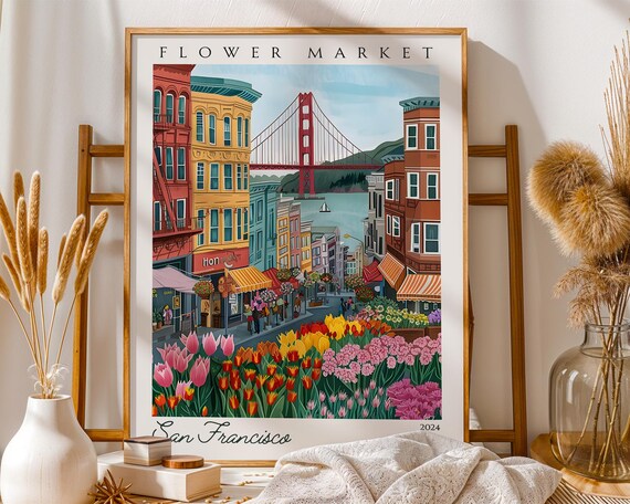 San Francisco Flower Market Golden Gate Cityscape Poster 2024