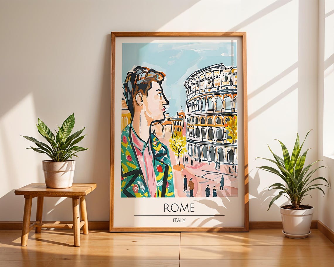 Rome Italy Travel Poster Print Colosseum Wall Art Historic Europe Cityscape Vintage Roman Architecture Holiday Gifted