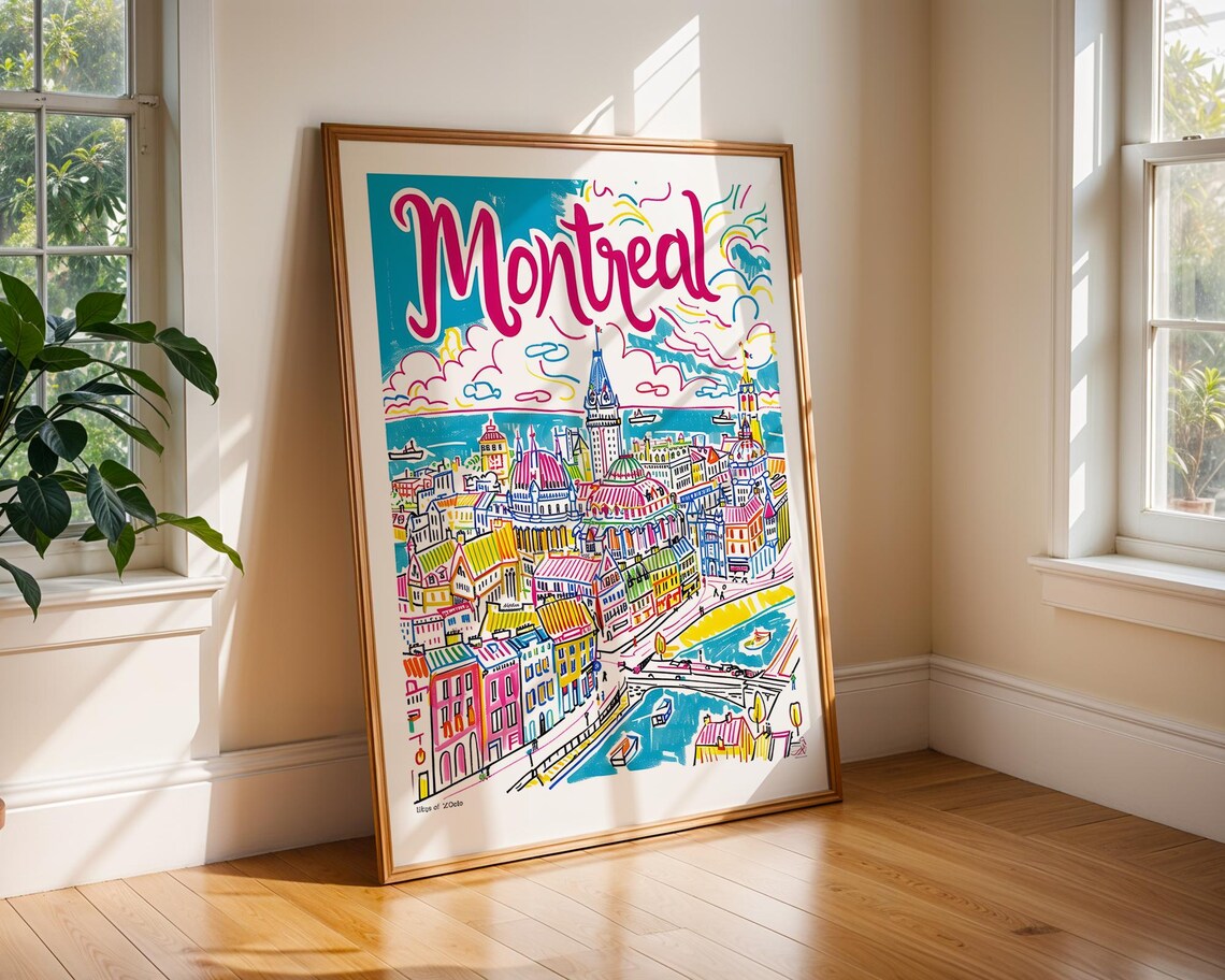 Montreal Canada Handdrawn Colourful Old Port City Travel Poster