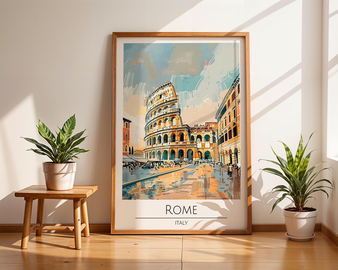 Rome Italy Colosseum Sunlit Piazza Street Scene Vintage Art Poster