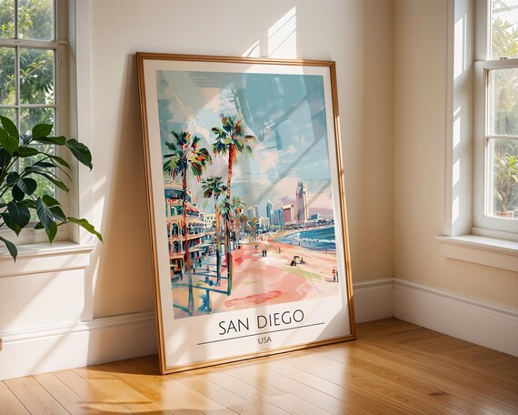 San Diego USA Palm Beach Boardwalk Pastel Watercolor Art Poster