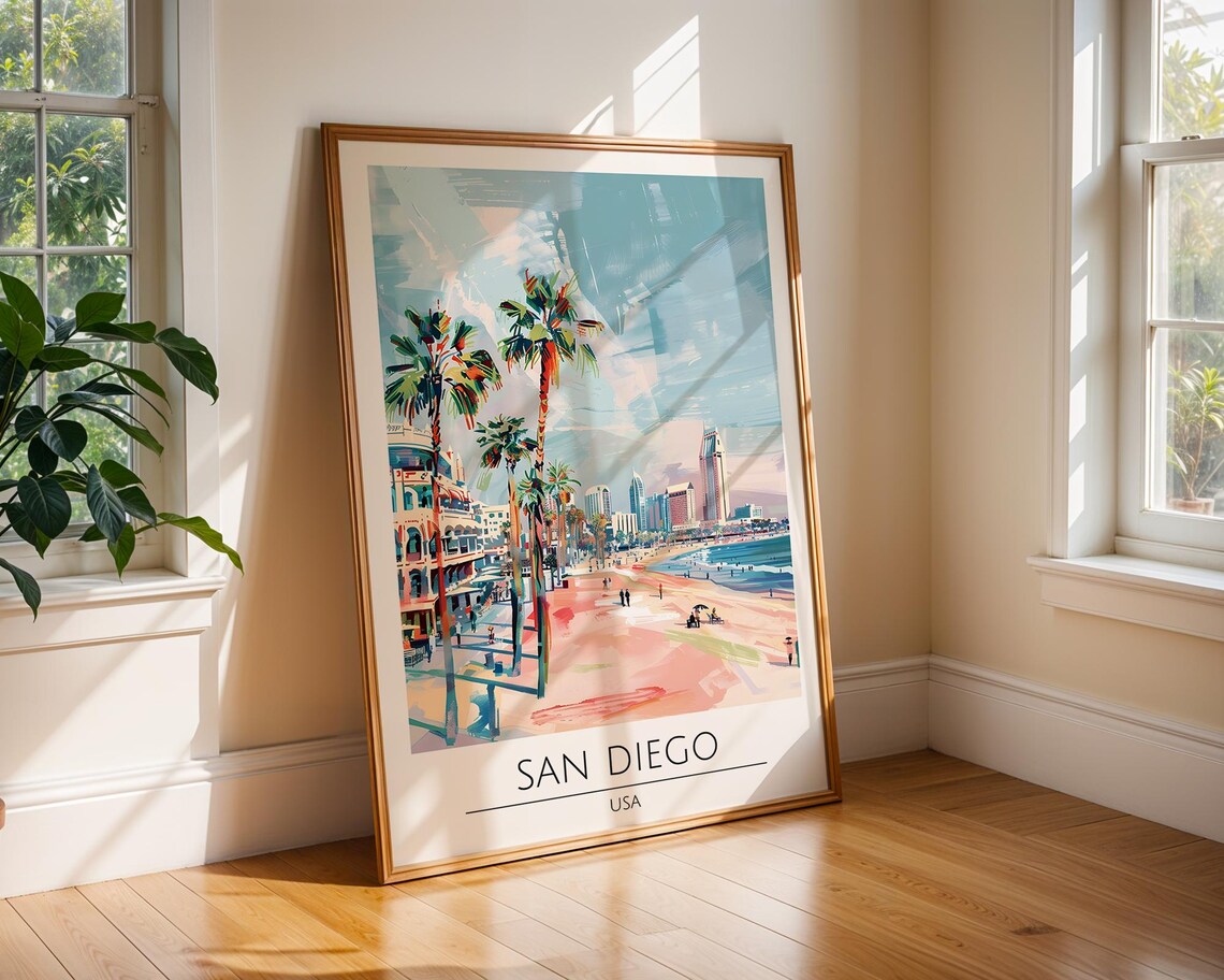 San Diego USA Palm Beach Boardwalk Pastel Watercolor Art Poster