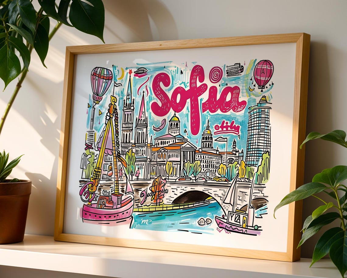 Sofia Bulgaria Hand Drawn Cityscape Illustrated Travel Poster