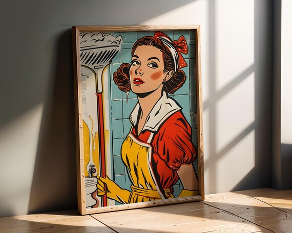 Retro Pop Art Cleaning Lady Wall Vintage Housewife Illustration Poster Bold Comic Style Kitchen Laundry Room Home Decor Print