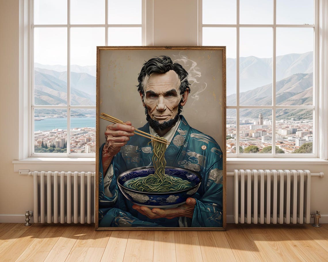 Abraham Lincoln Eating Ramen Japanese Kimono Funny Art Poster