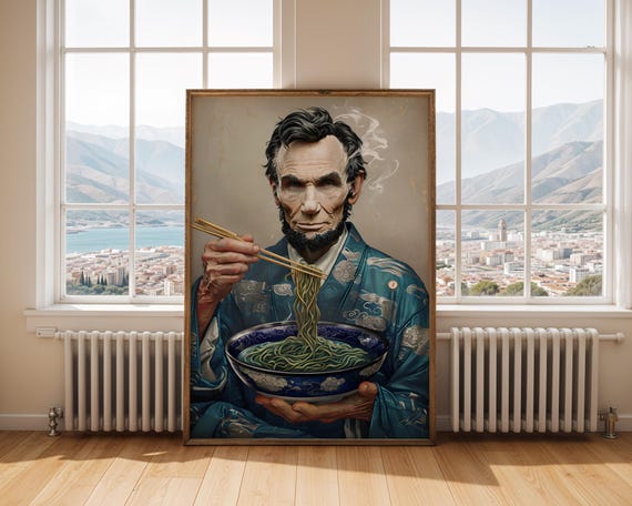 Abraham Lincoln Ramen Art Print Funny Celebrity Portrait Wall Decor Japanese Kimono Noodle Artwork Quirky Historical Home