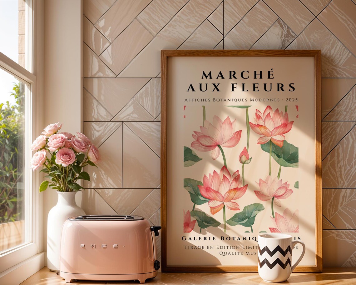 Marche Aux Fleurs Pink Lotus Botanical Watercolor Art Poster