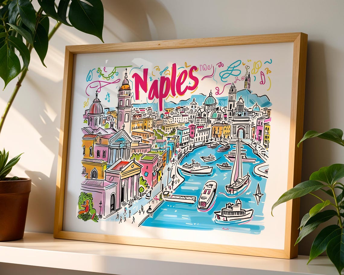 Naples Italy Hand Drawn Harbor Cityscape Illustrated Travel Poster