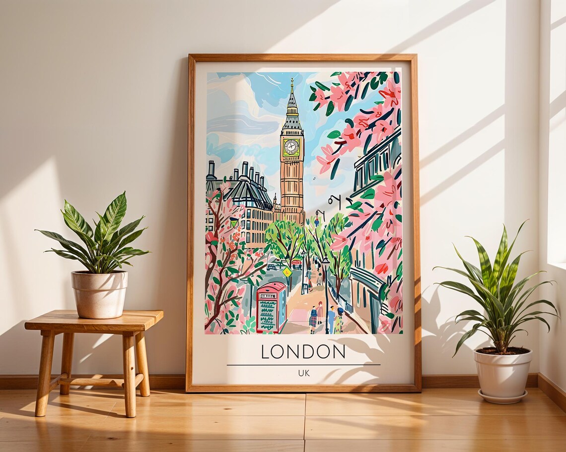 London UK Big Ben Cherry Blossom Spring Street Scene Art Poster