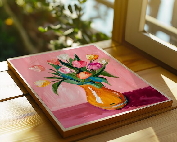 Bright Tulips Floral Wall Art Summer Flower Poster Bold Colourful Home Decor Pink Botanical Print Cheerful Modern Artwork