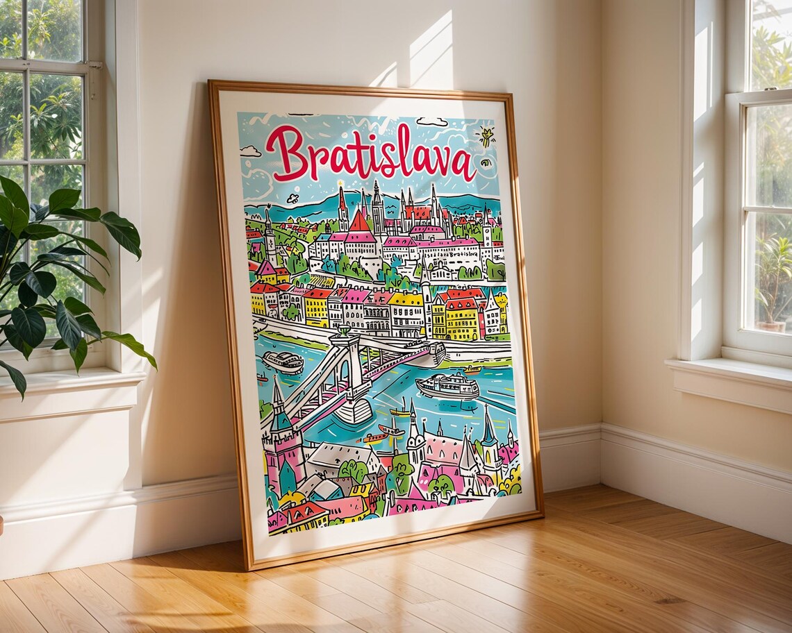 Bratislava Slovakia Handdrawn Colourful Castle River Travel Poster