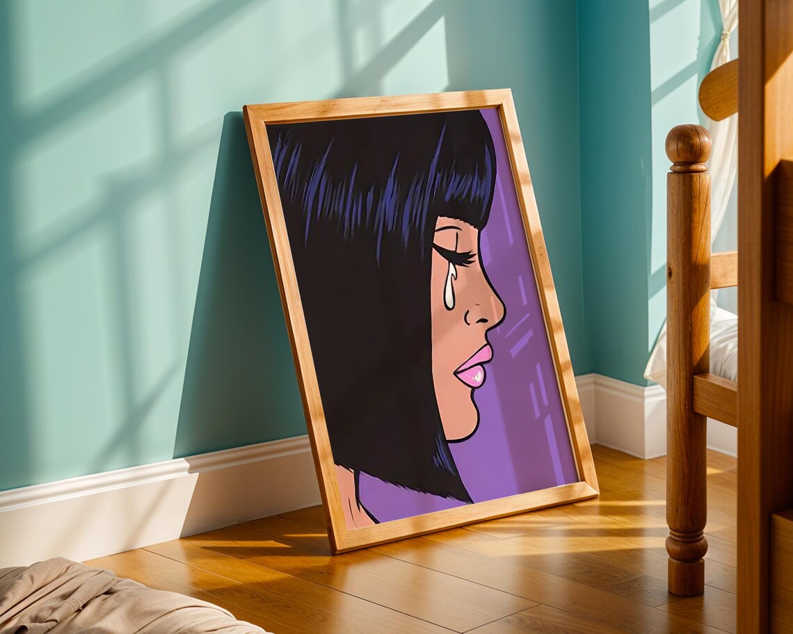 Crying Woman Retro Pop Art Poster With Purple Background Vintage