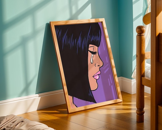 Crying Woman Retro Pop Art Poster With Purple Background Vintage