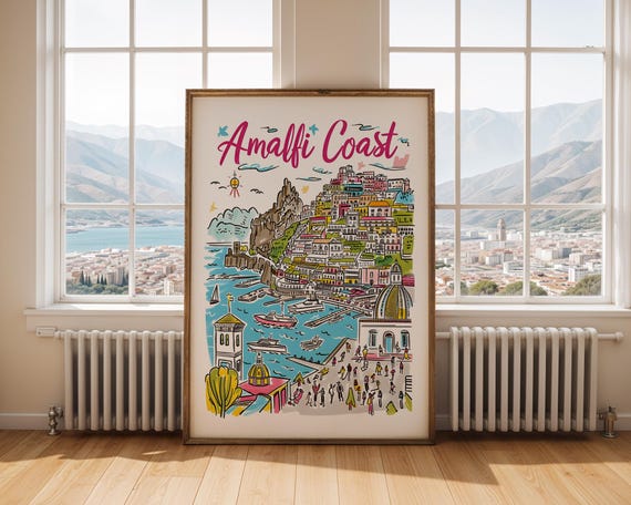 Amalfi Coast Poster Italian Cityscape Art Print Coastal Travel Colourful Wall Decor Handdrawn Illustration Home Office
