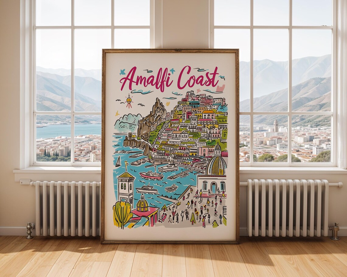 Amalfi Coast Italy Colorful Hand Drawn Seaside Travel Illustration Poster