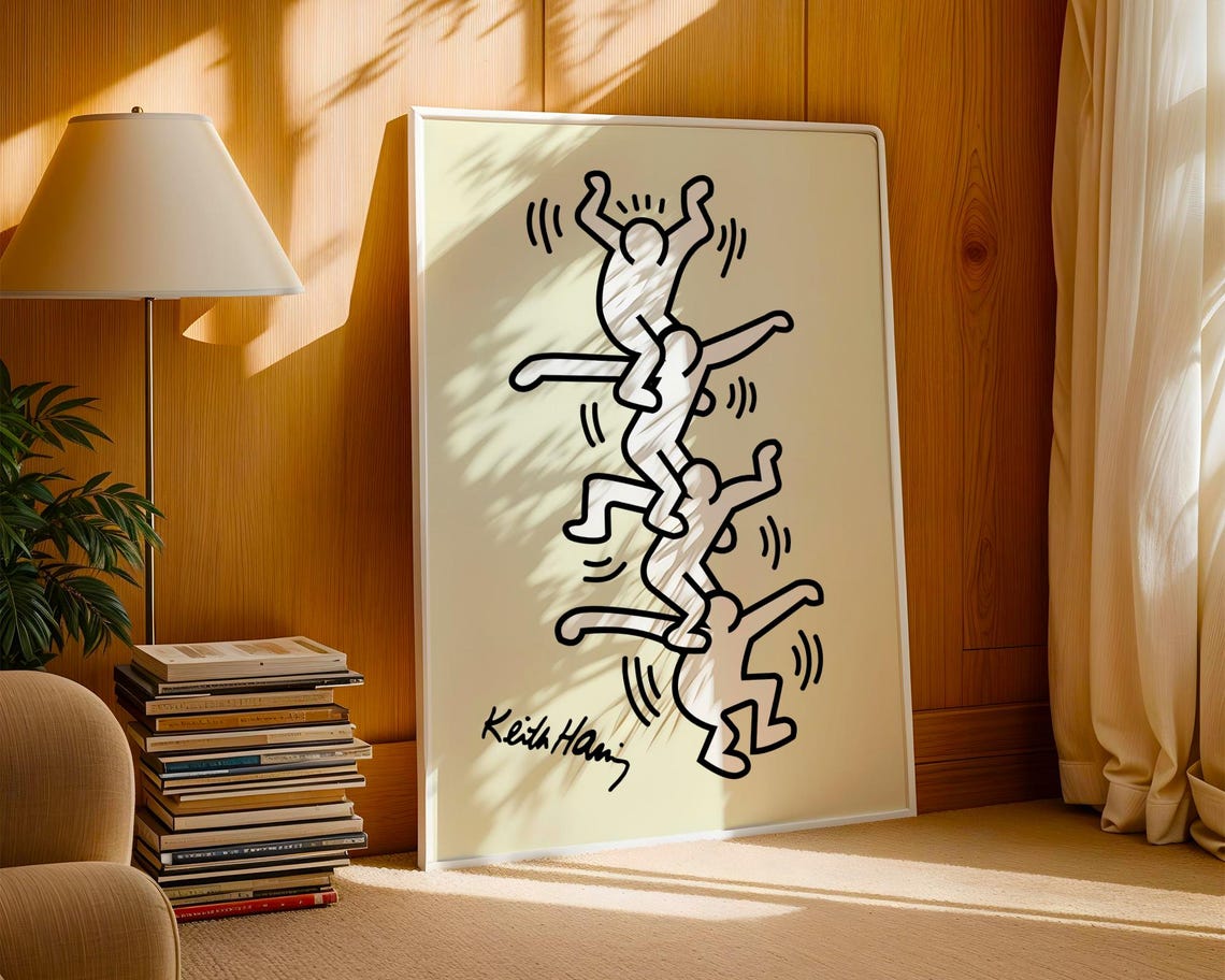 Keith Haring Style Dancing Figures Black And White Modern Art Print
