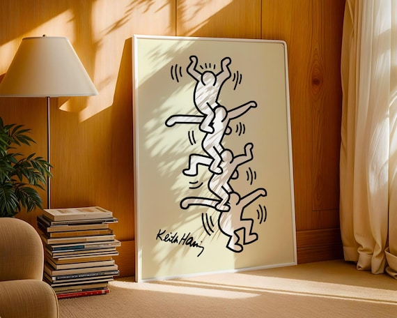 Minimal Keith Haringinspired Black And White Stack Dancers Print Bold Urban Wall Art With Monochrome Movement Retro Vibe