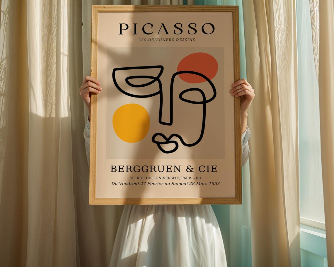 Picasso-Inspired Abstract Face Sun Circle Line Drawing Art Poster