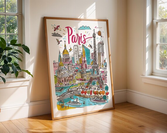 Paris France Eiffel Tower Colorful Doodle Cityscape Travel Poster