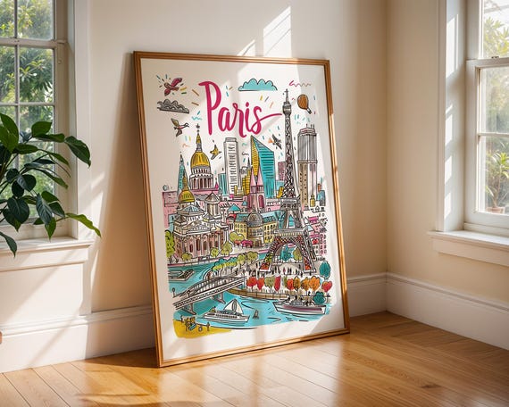 Paris France Poster Eiffel Tower Wall Art Travel Print Cityscape Handdrawn Illustration French Decor