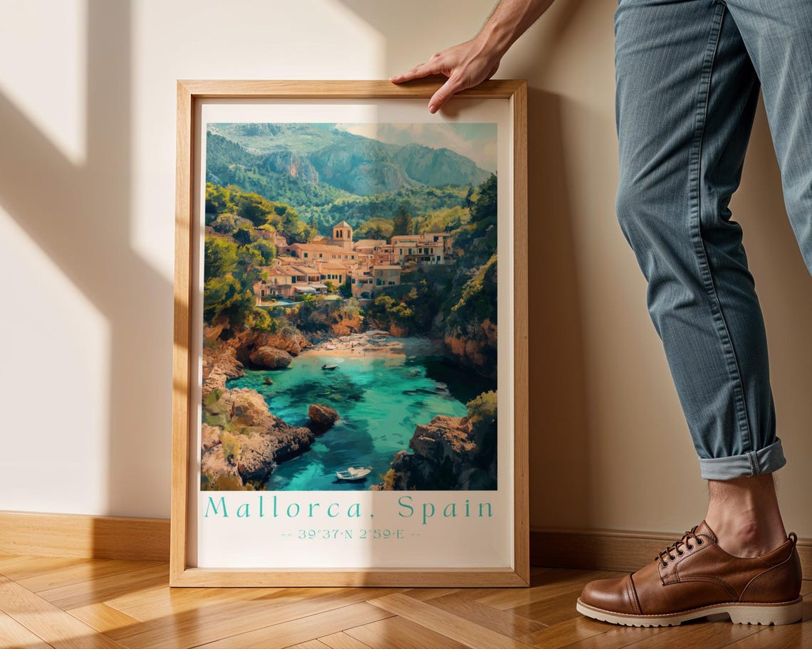 Mallorca Spain Turquoise Cove Village Mediterranean Travel Poster