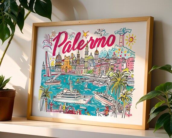 Palermo Sicily Hand Drawn Harbor Cityscape Illustrated Travel Poster