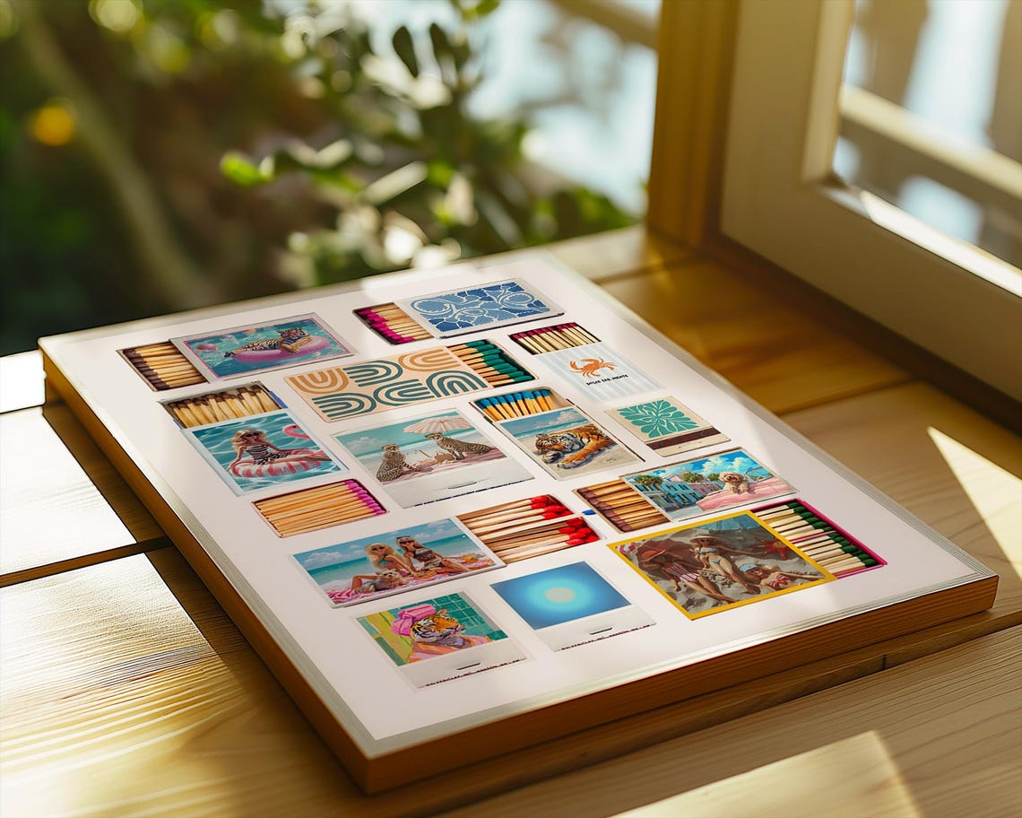 Vintage Matchbox Summer Beach Collage Retro Seaside Art Poster