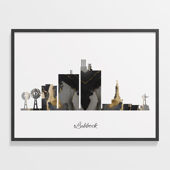 Lubbock Texas Black Gold Marble Skyline Windmill Silhouette Poster