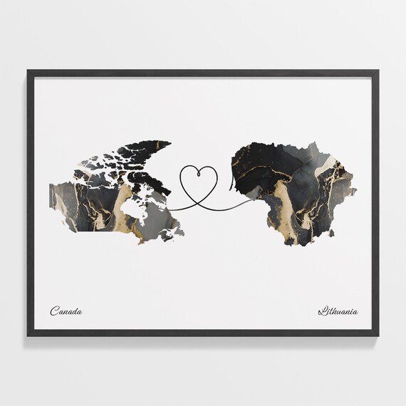 Canada To Lithuania Marble Heart Map Two Country Long Distance Gift Poster