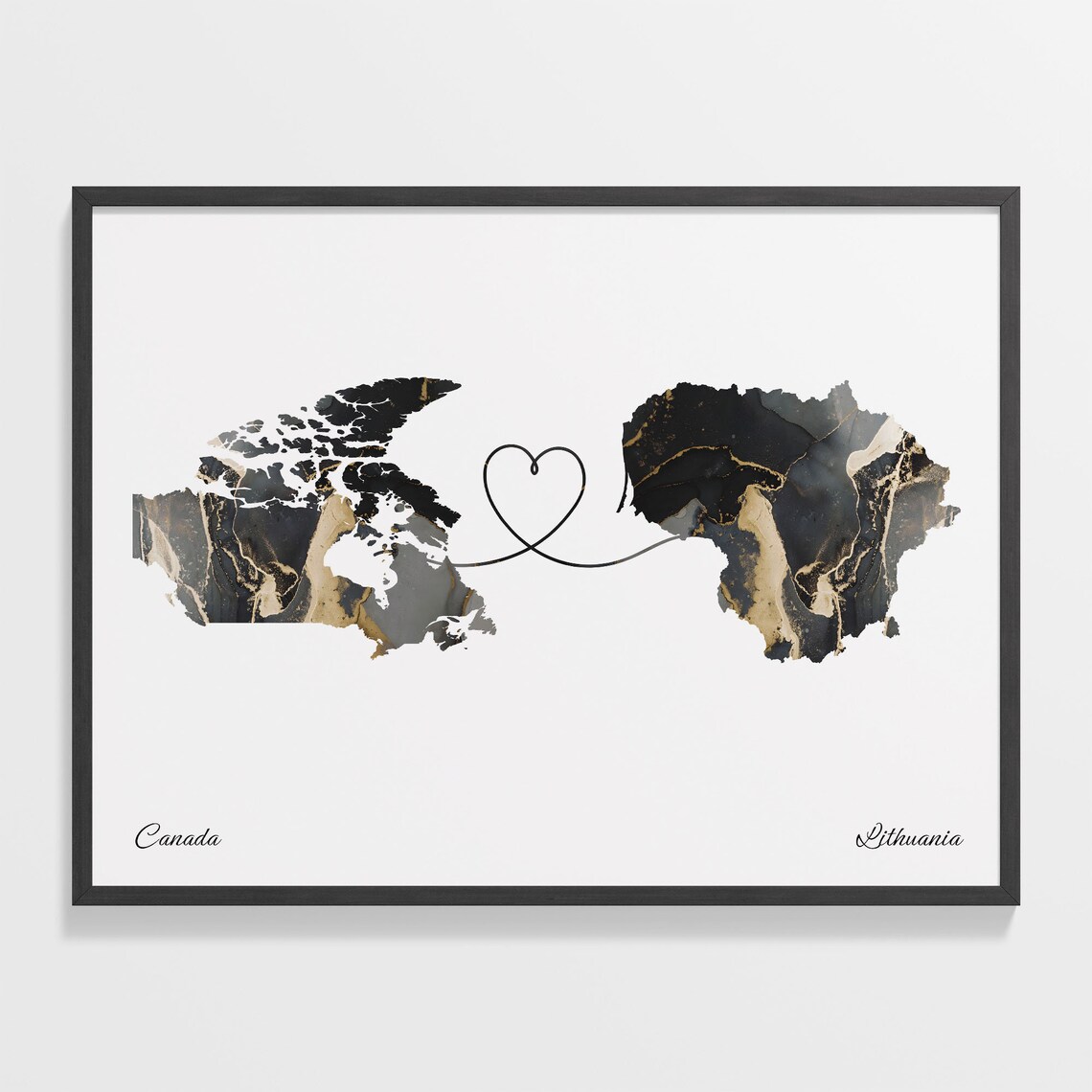 Canada To Lithuania Marble Heart Map Two Country Long Distance Gift Poster