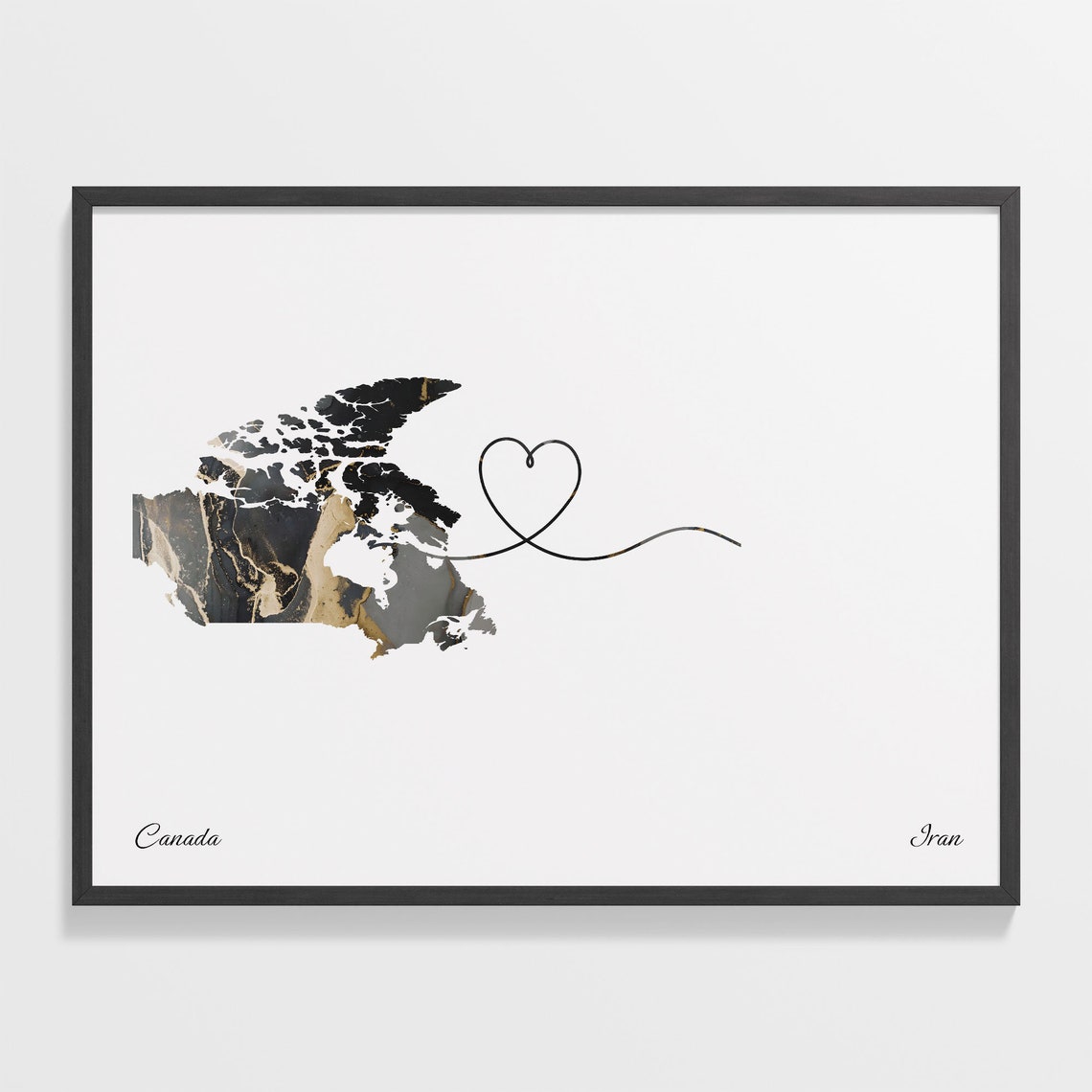 Canada Iran Long Distance Love Black Marble Heart Map Poster