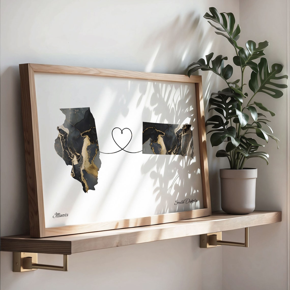 Illinois to South Dakota Black Gold Marble Map Heart Connection Poster - Image 3