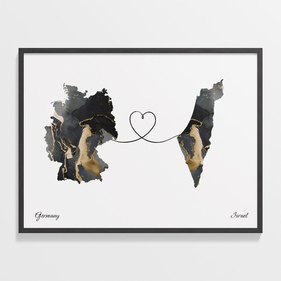 Germany and Israel Marble Heart Connected Countries Map Poster