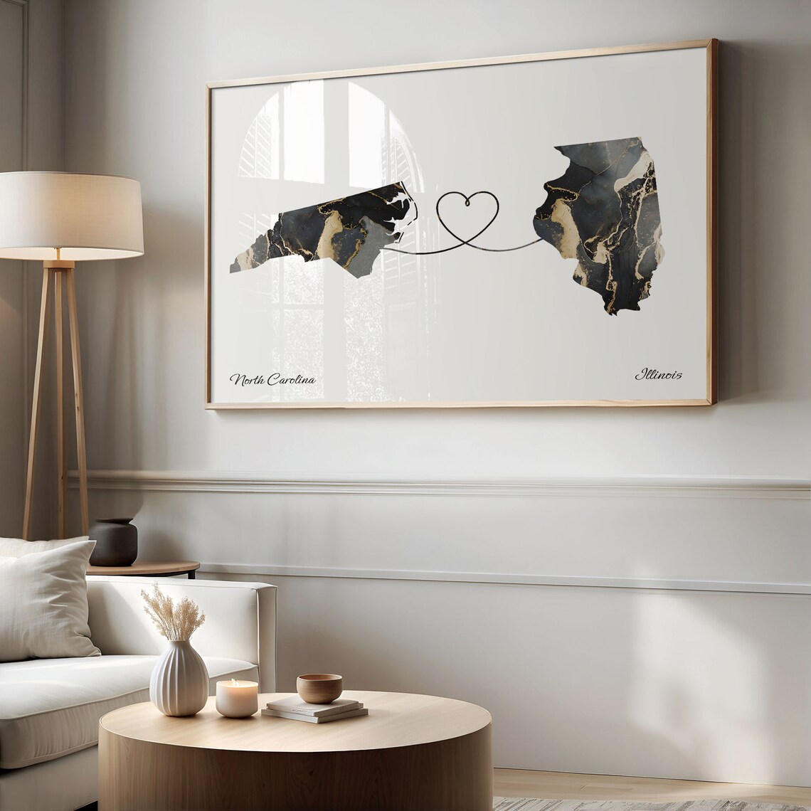 North Carolina Illinois Long Distance Love Black Gold Marble Map Poster - Image 2