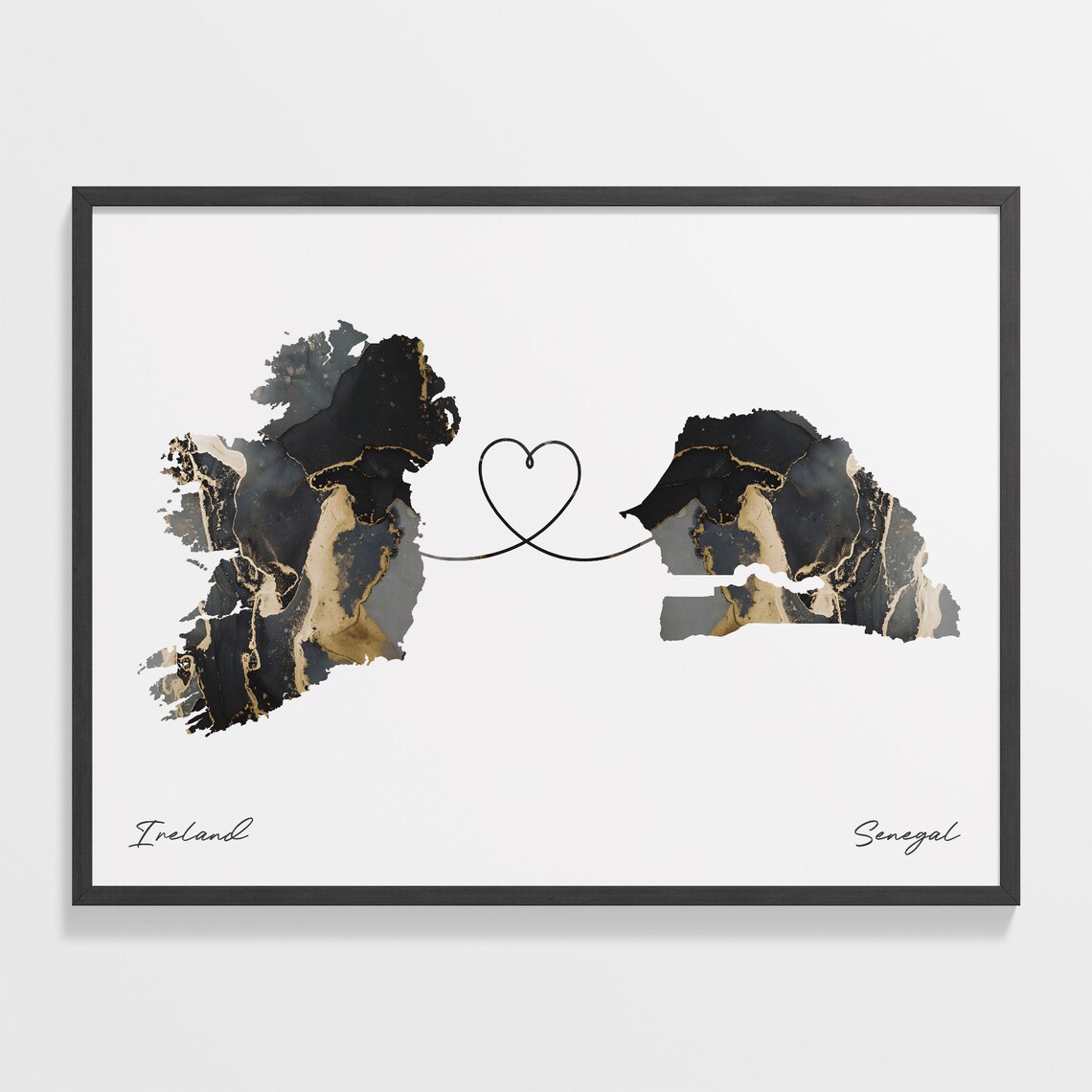 Ireland and Senegal Black and Gold Marble Two Countries Map Poster