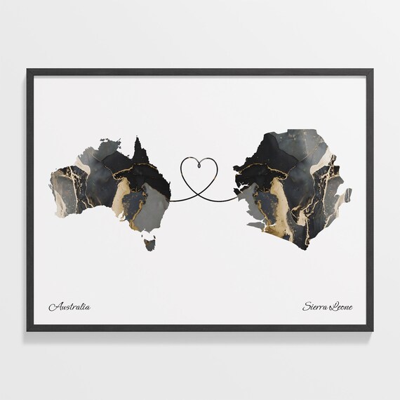 Australia and Sierra Leone Black Gold Marble Map Heart Connection Poster