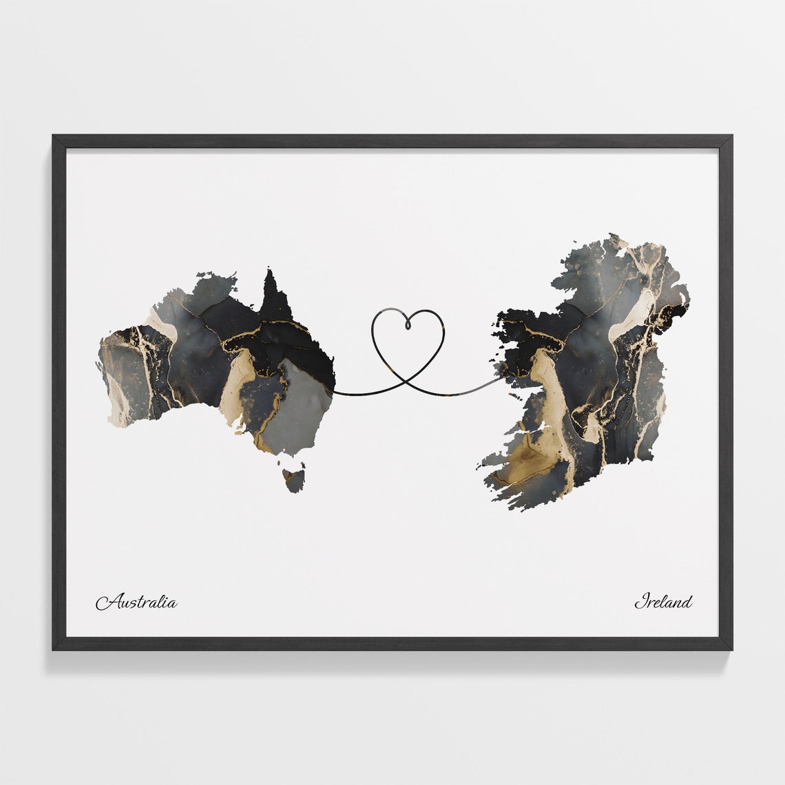 Australia and Ireland Two Countries Black Gold Marble Map Poster