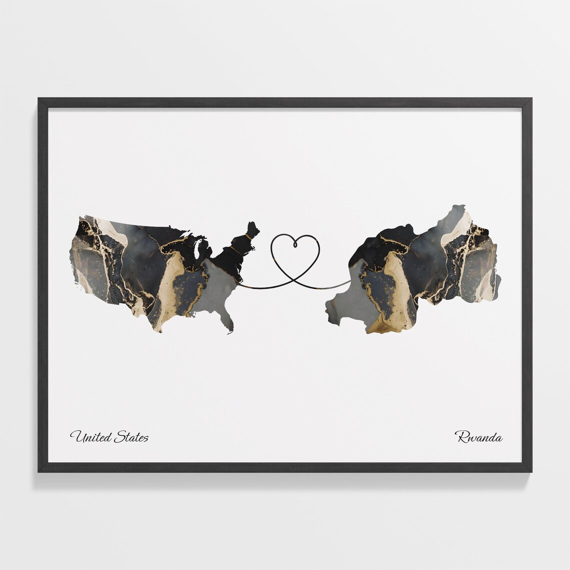 USA to Rwanda Two Countries Map Art Print