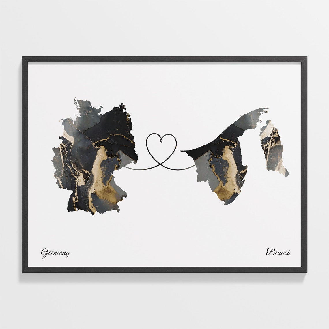 Germany and Brunei Marble Heart Connected Countries Map Poster