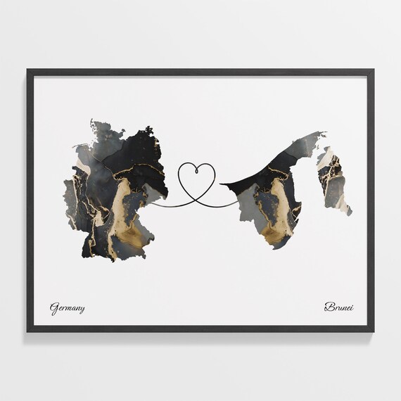 Germany and Brunei Marble Heart Connected Countries Map Poster